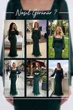 The ZKS yeşil kare yaka şifon balık abiye, farklı mekanlarda giyilmiş hallerini gösteren kolaj