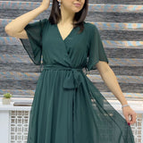 Zümrüt Yeşili Kloş Yarım Kol Büyük Beden Şifon Elbise