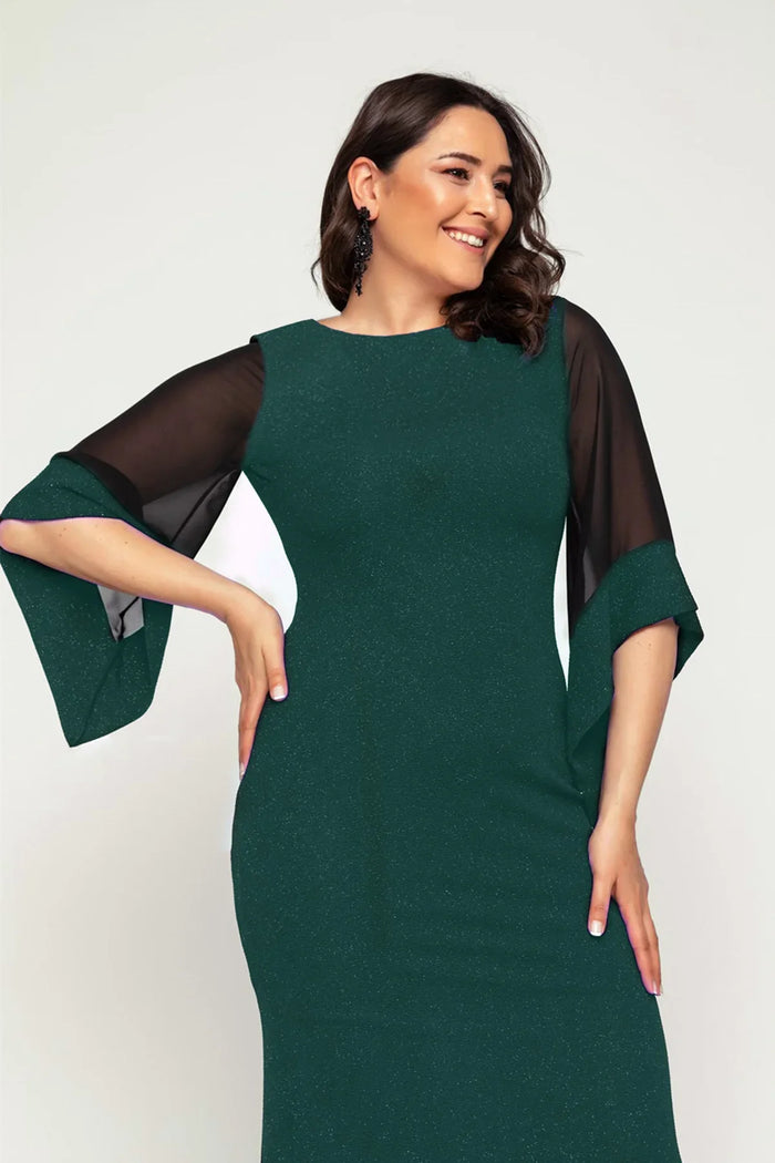 Yeşil Kadın Büyük Beden Kolu Şifon Simli Abiye Elbise

