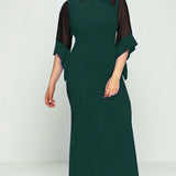 Yeşil Kadın Büyük Beden Kolu Şifon Simli Abiye Elbise