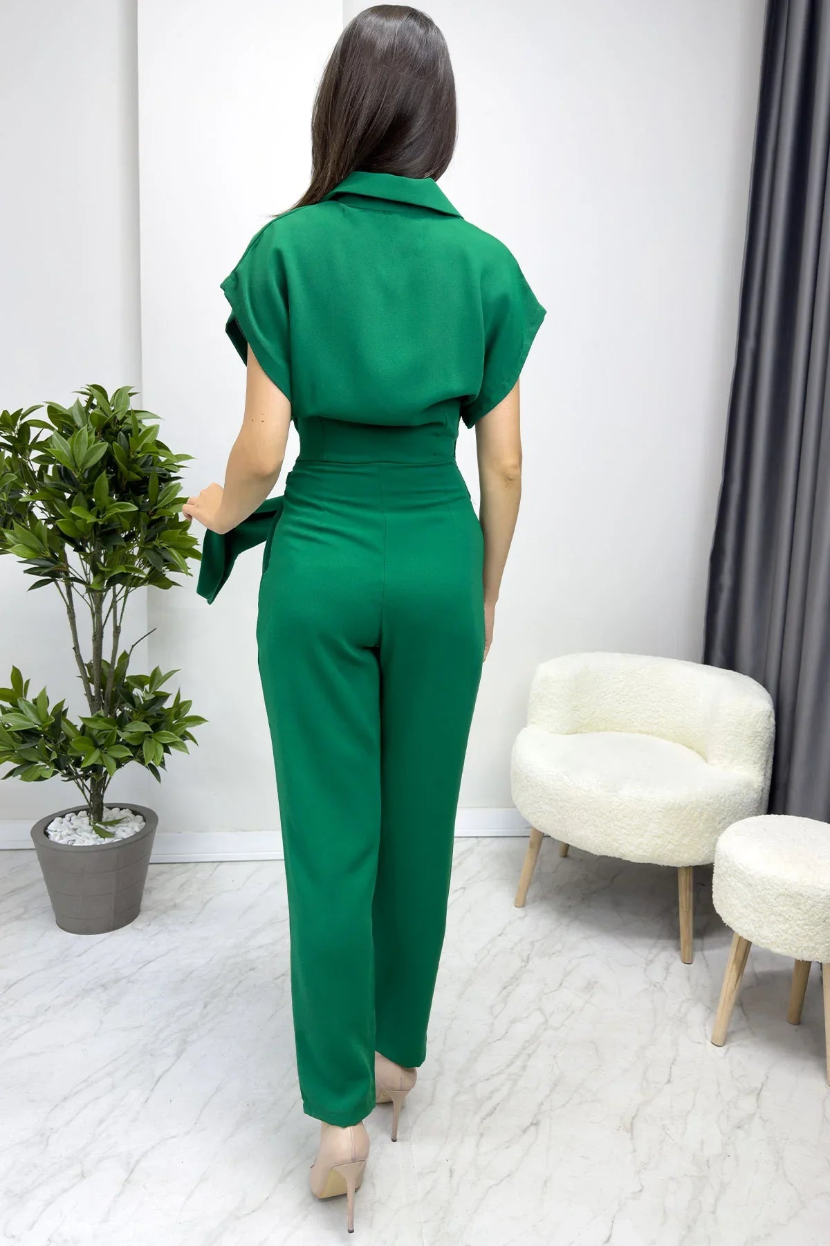 Kadın Yeşil Kruvaze Gold Detaylı Tulum