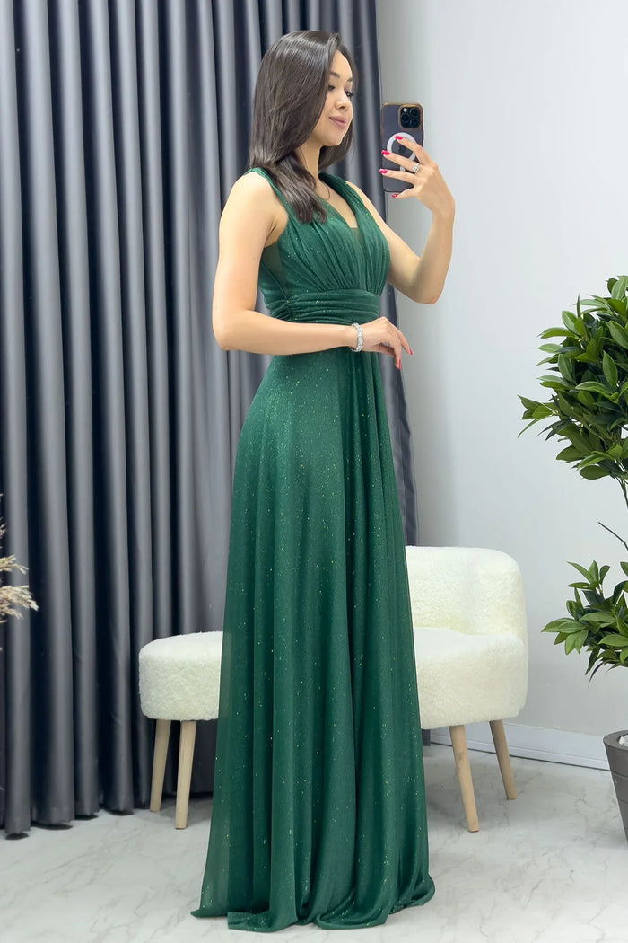 Zümrüt Yeşili Sıfır Kol Transparan Detay Abiye Elbise