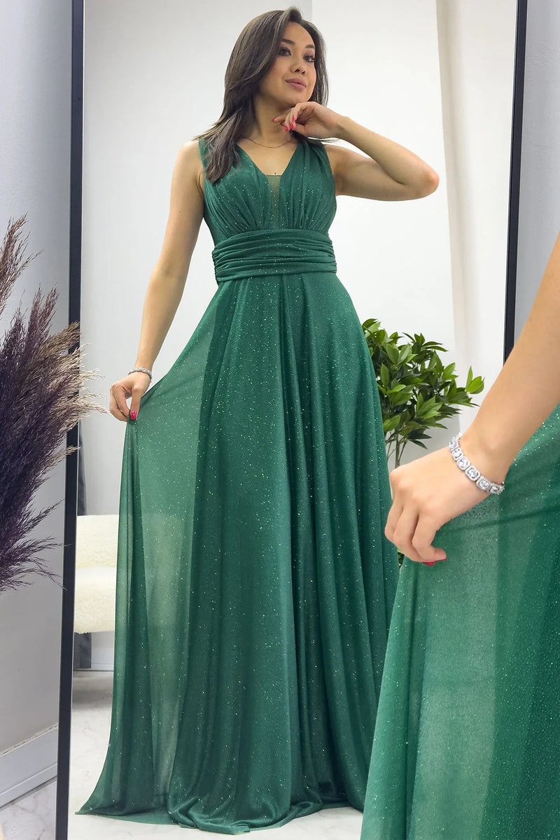 Zümrüt Yeşili Sıfır Kol Transparan Detay Abiye Elbise