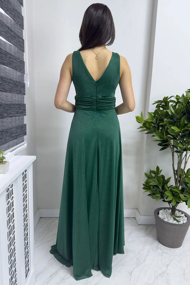 Zümrüt Yeşili Sıfır Kol Transparan Detay Abiye Elbise