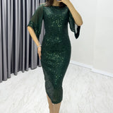 Kadın Zümrüt Yeşili Midi Boy Pulpayet Şifon Tasarım Yarım Kol Büyük Beden Abiye Elbise