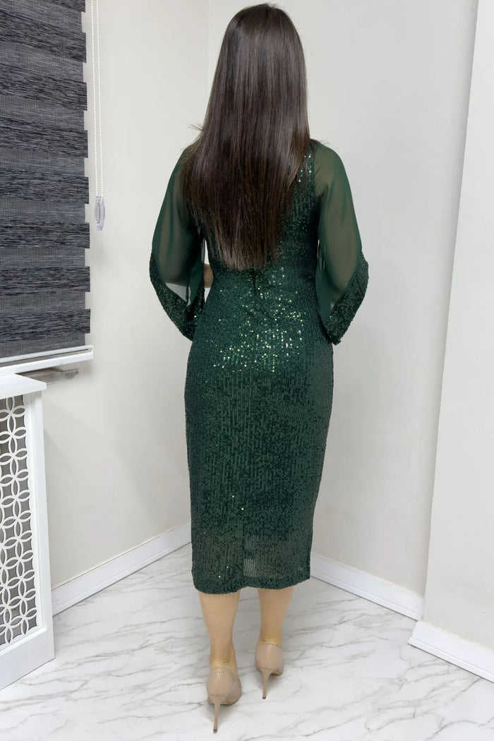 Kadın Zümrüt Yeşili Midi Boy Pulpayet Şifon Tasarım Yarım Kol Büyük Beden Abiye Elbise

