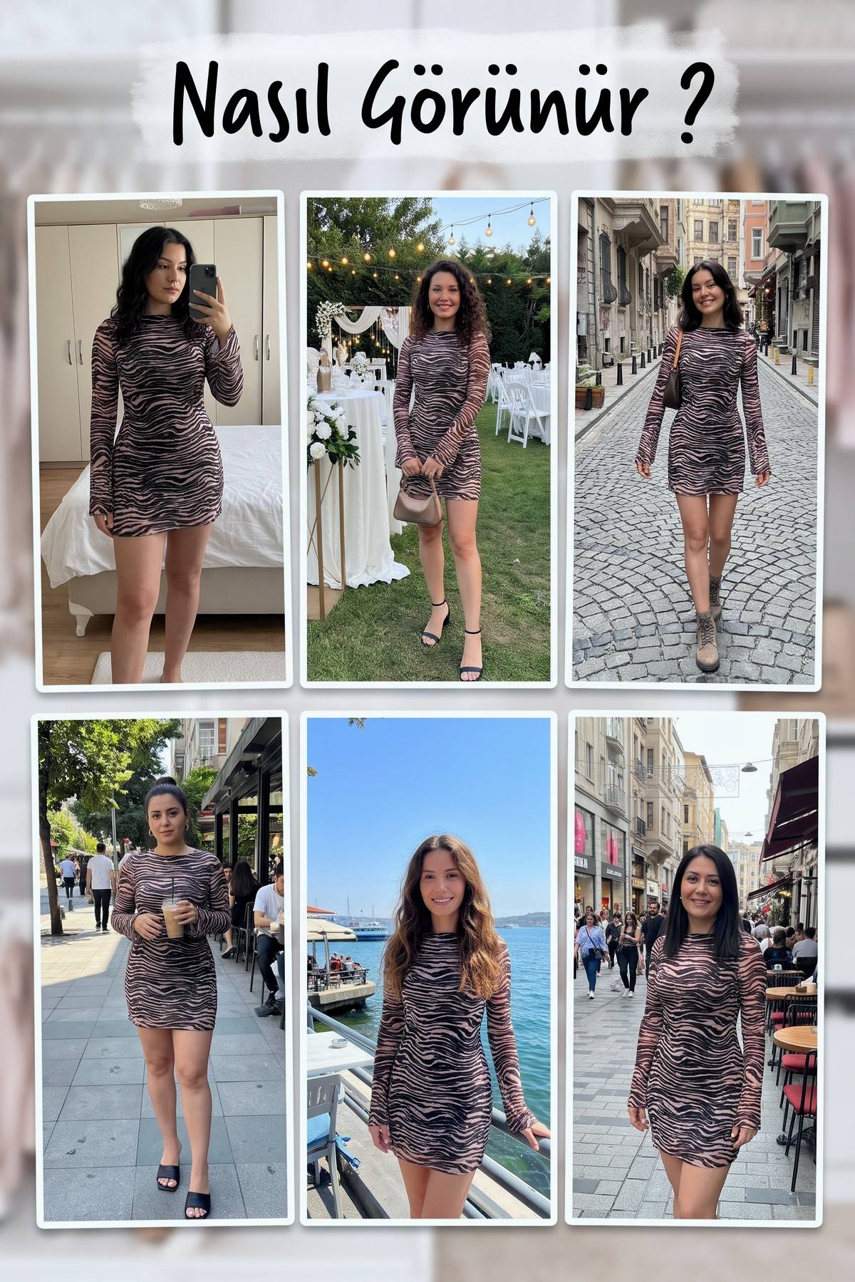 Farklı mekanlarda The ZKS zebra desenli mini elbise giyilmiş halleri kolajı