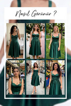 Farklı ortamlarda giyilmiş zümrüt yeşili saten abiye elbise kombinleri kolajı