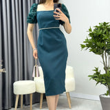 Zümrüt Yeşili İnci detay Kalem  Prenses Kol Tasarım Elbise