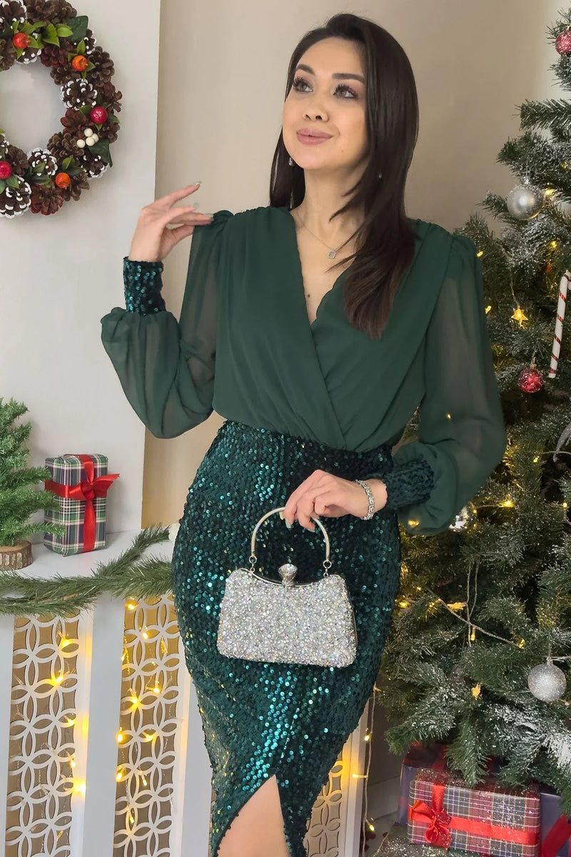 Zümrüt Yeşili Kruvaze Yaka Şifon Pul Payet Yırtmaçlı Elbise - the ZKS