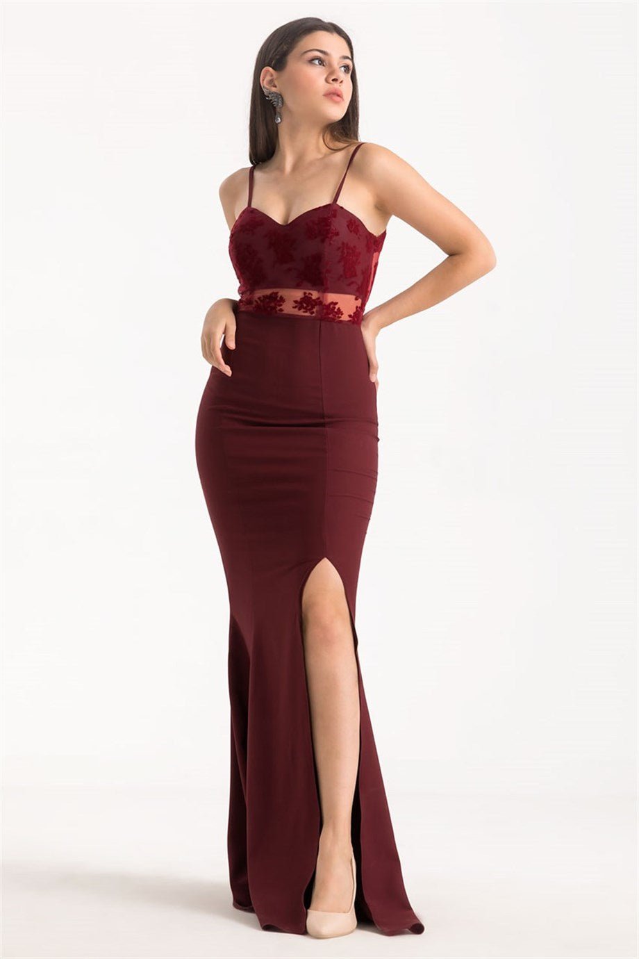 Askılı Flok Baskı Balık Abiye Elbise Bordo - Elbise Delisi