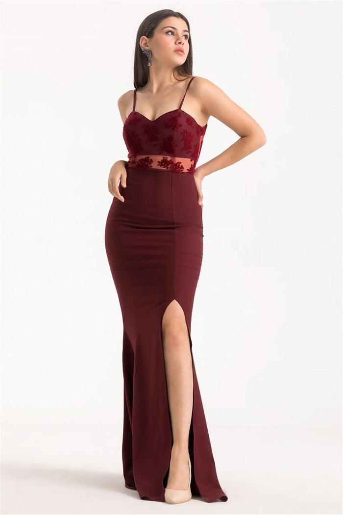 Askılı Flok Baskı Balık Abiye Elbise Bordo - Elbise Delisi