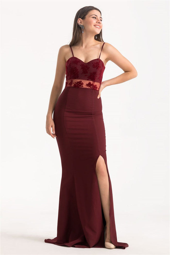 Askılı Flok Baskı Balık Abiye Elbise Bordo - Elbise Delisi