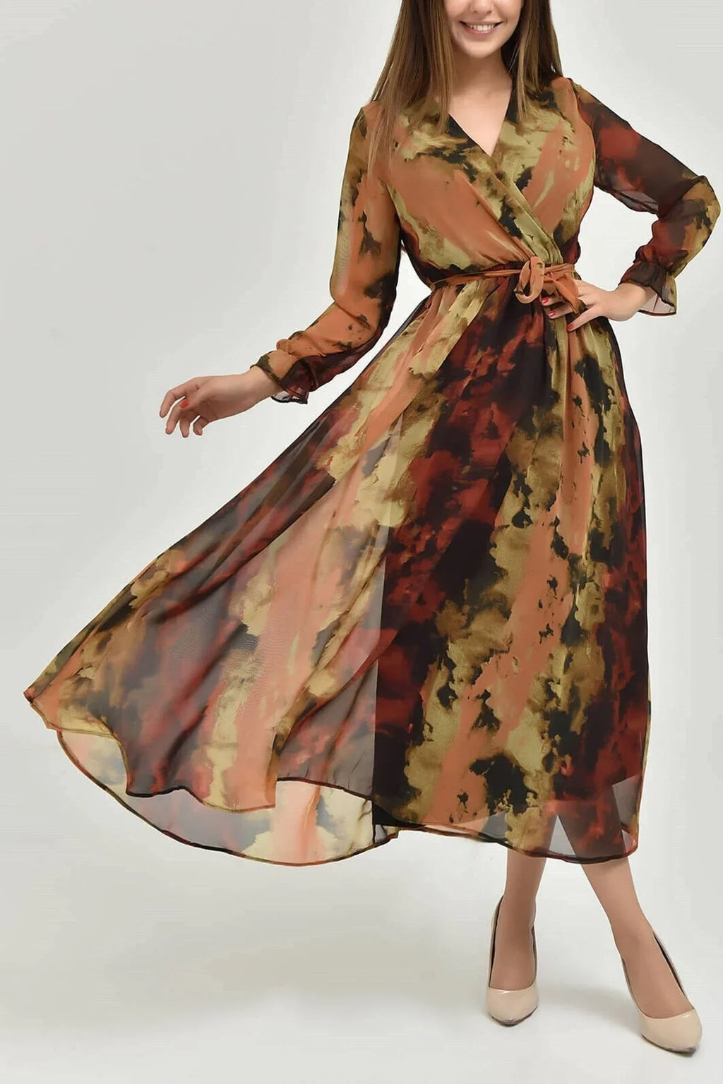 Batik Desenli Kruvaze Yaka Şifon Kumaş Büyük Beden İçin Günlük Elbise 