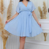 Bebe Mavisi Kloş Yarım Kol Büyük Beden Şifon Elbise