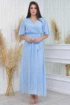 Ei önde kruvaze yaka yarım kol bebe mavi şifon elbise 