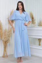 Eli belinde şifon kumaş iç astarlı kruvaze yaka davet elbise 