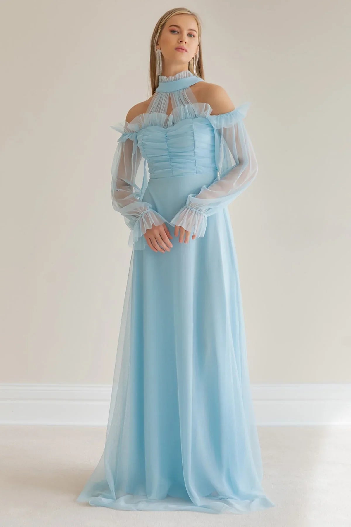 Bebe Mavisi Tül Drapeli Büyük Beden Abiye Elbise - Elbise Delisi