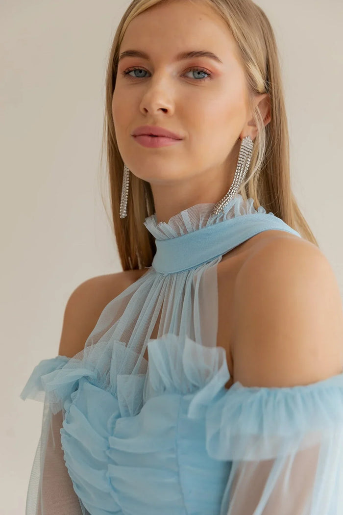 Bebe Mavisi Tül Drapeli Büyük Beden Abiye Elbise - Elbise Delisi