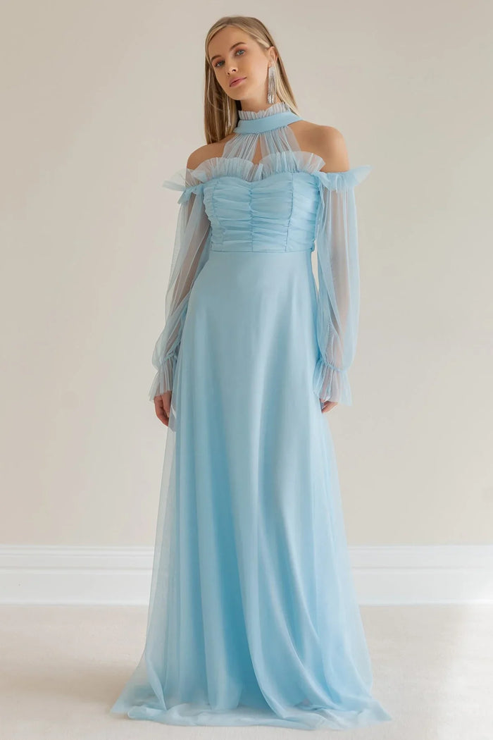 Bebe Mavisi Tül Drapeli Büyük Beden Abiye Elbise - Elbise Delisi