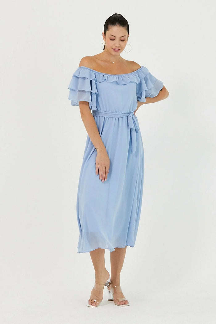 Bebe Mavisi Volanlı Madonna Yaka Büyük Beden Şifon Elbise - Elbise Delisi