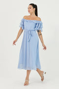 Bebe Mavisi Volanlı Madonna Yaka Büyük Beden Şifon Elbise