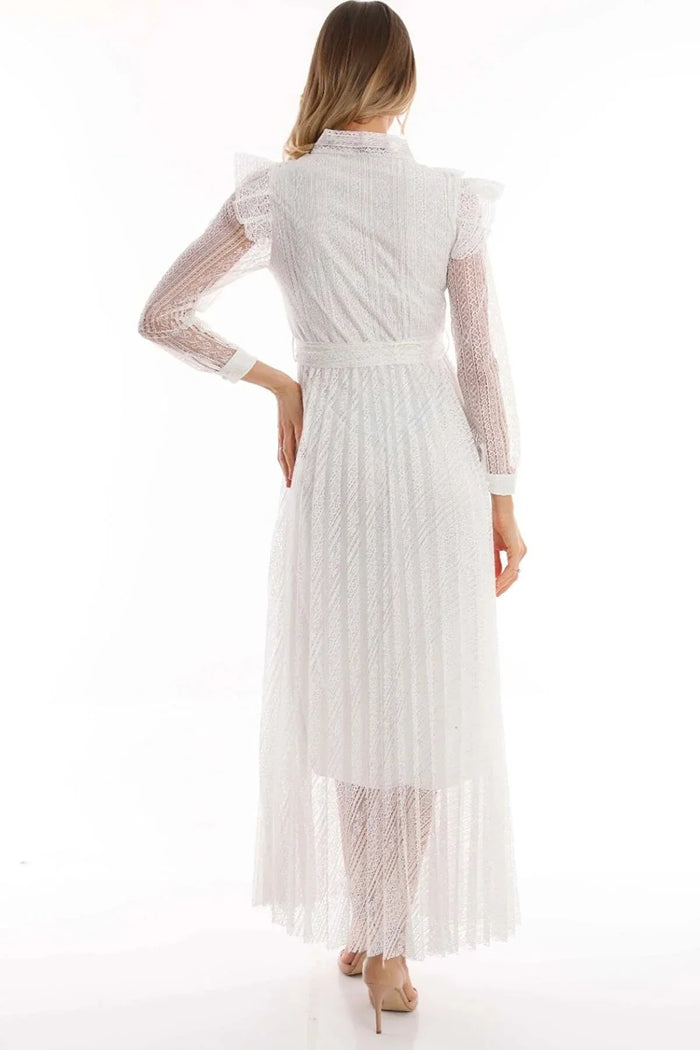 Beyaz Boyundan Bağlamalı Fiyonk Detay Deri Kemerli Güpür Büyük Beden Abiye Elbise - Elbise Delisi