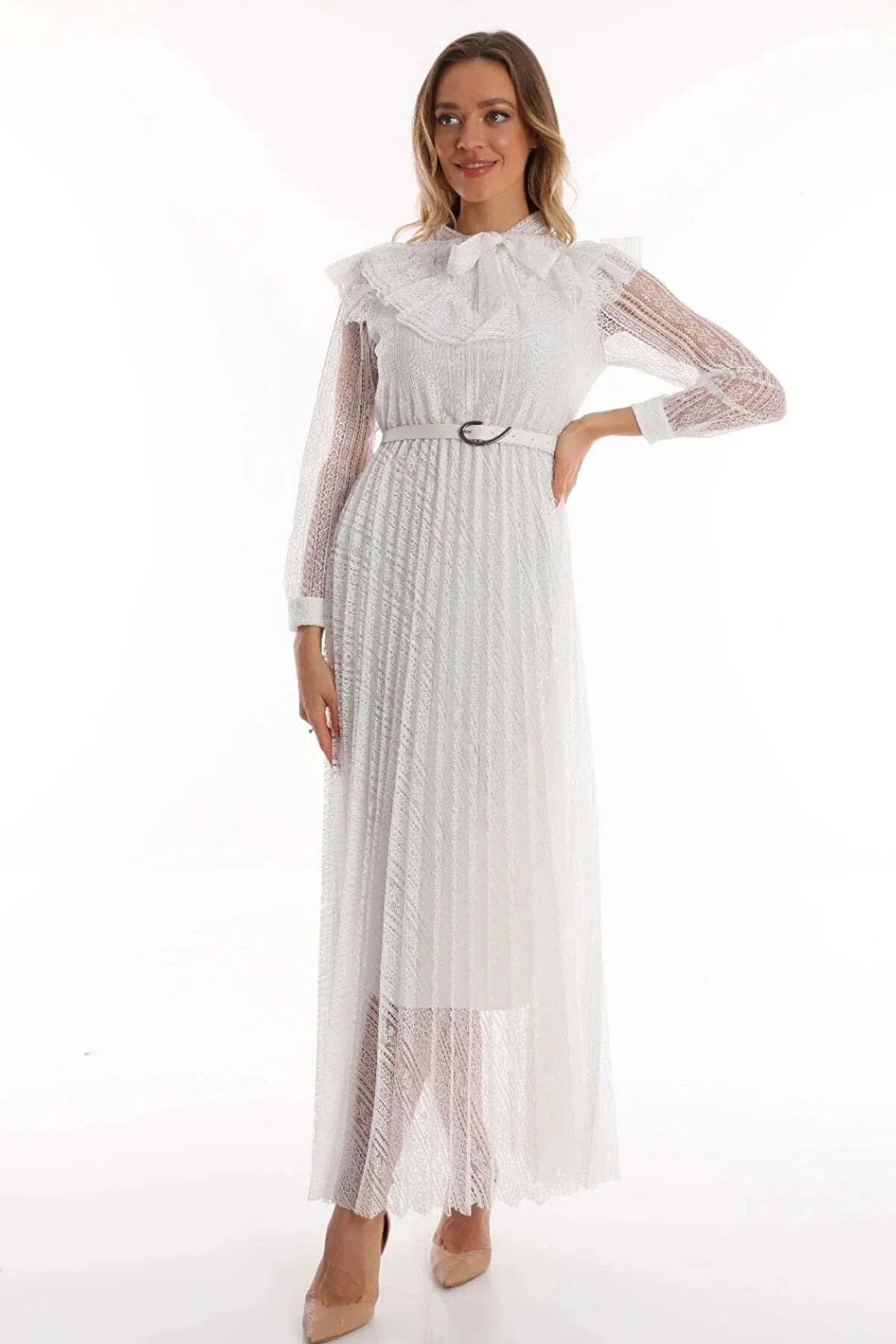 Beyaz Boyundan Bağlamalı Fiyonk Detay Deri Kemerli Güpür Büyük Beden Abiye Elbise - Elbise Delisi