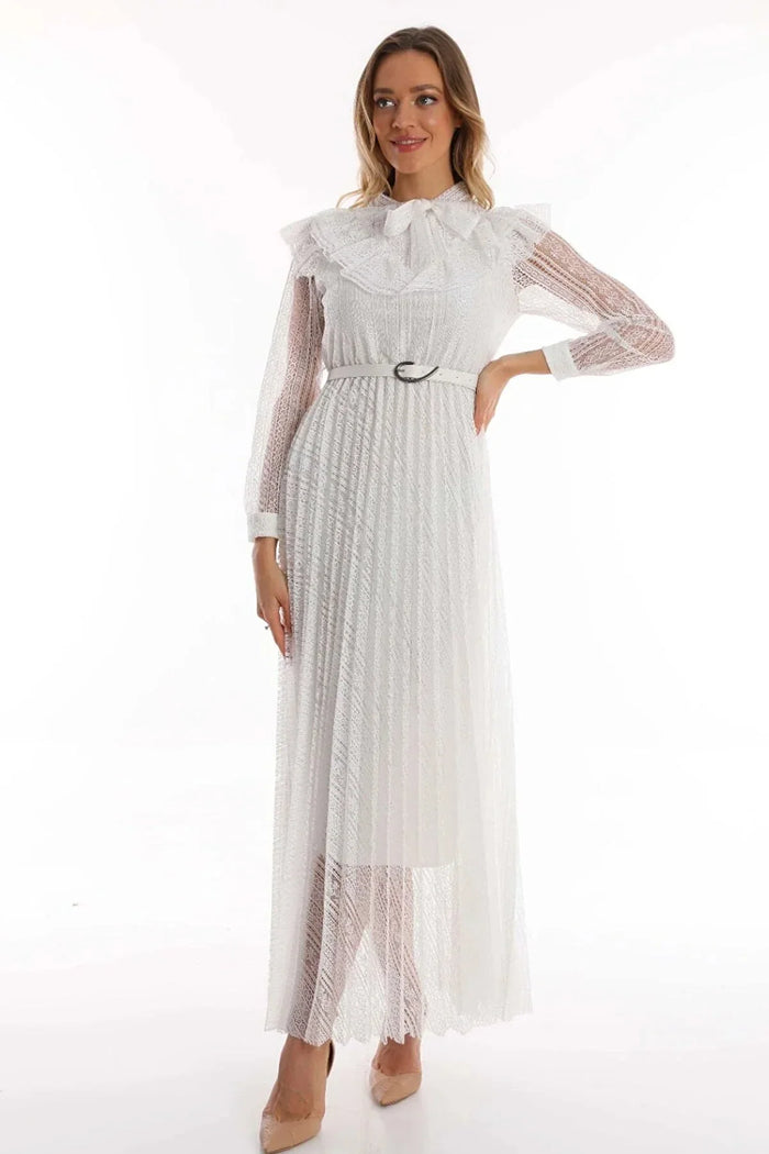 Beyaz Boyundan Bağlamalı Fiyonk Detay Deri Kemerli Güpür Büyük Beden Abiye Elbise - Elbise Delisi