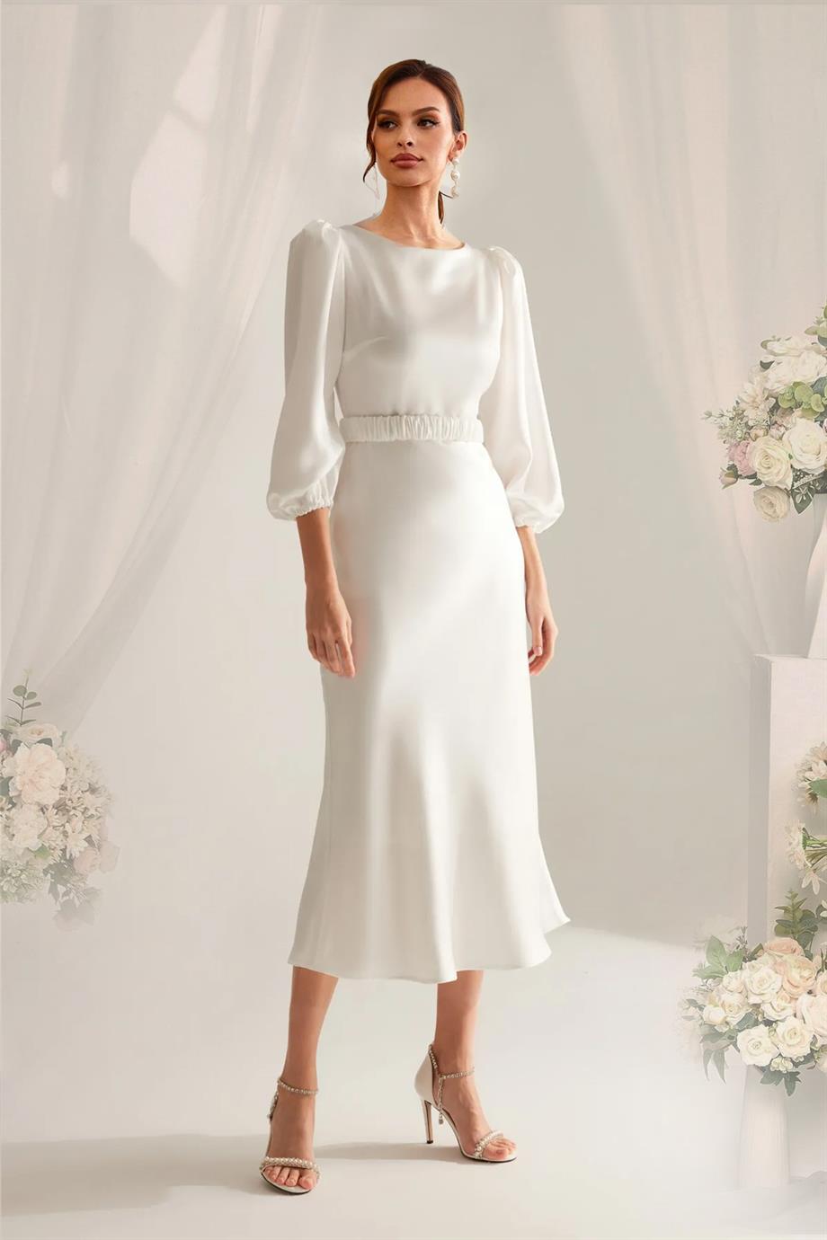 Beyaz Kemerli Balon Kol Midi Saten Büyük Beden Abiye Elbise - Elbise Delisi