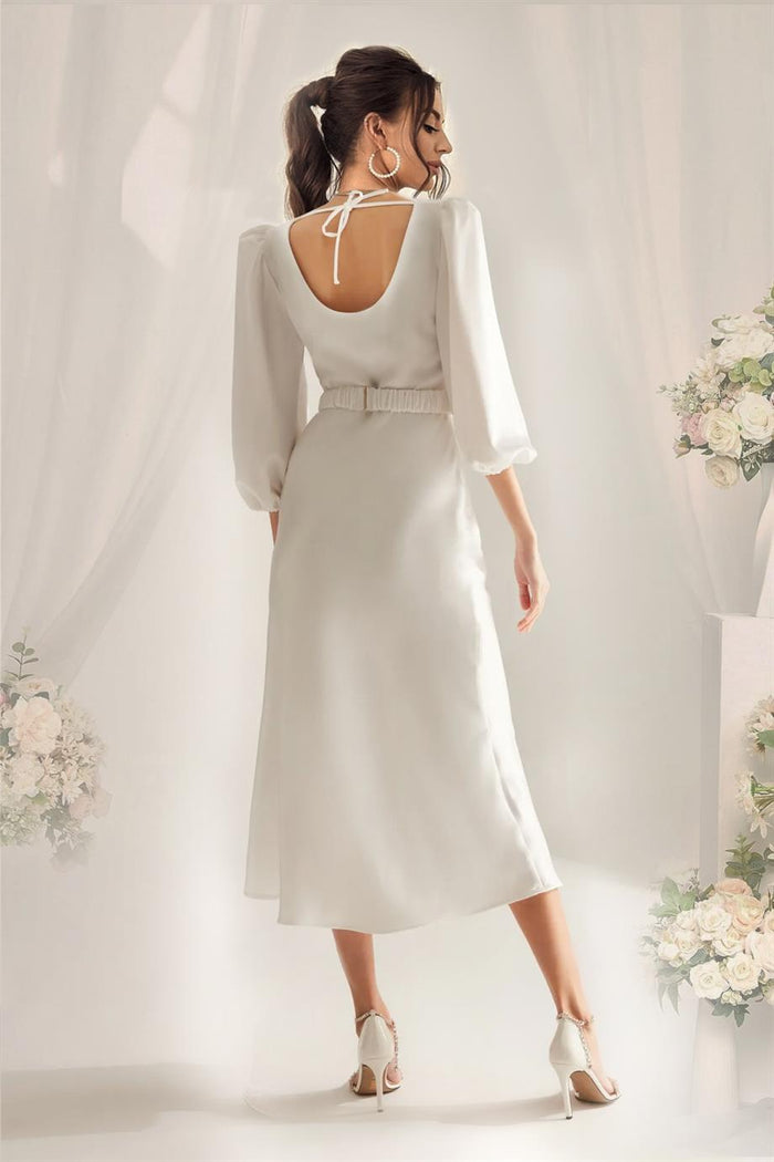 Beyaz Kemerli Balon Kol Midi Saten Büyük Beden Abiye Elbise - Elbise Delisi