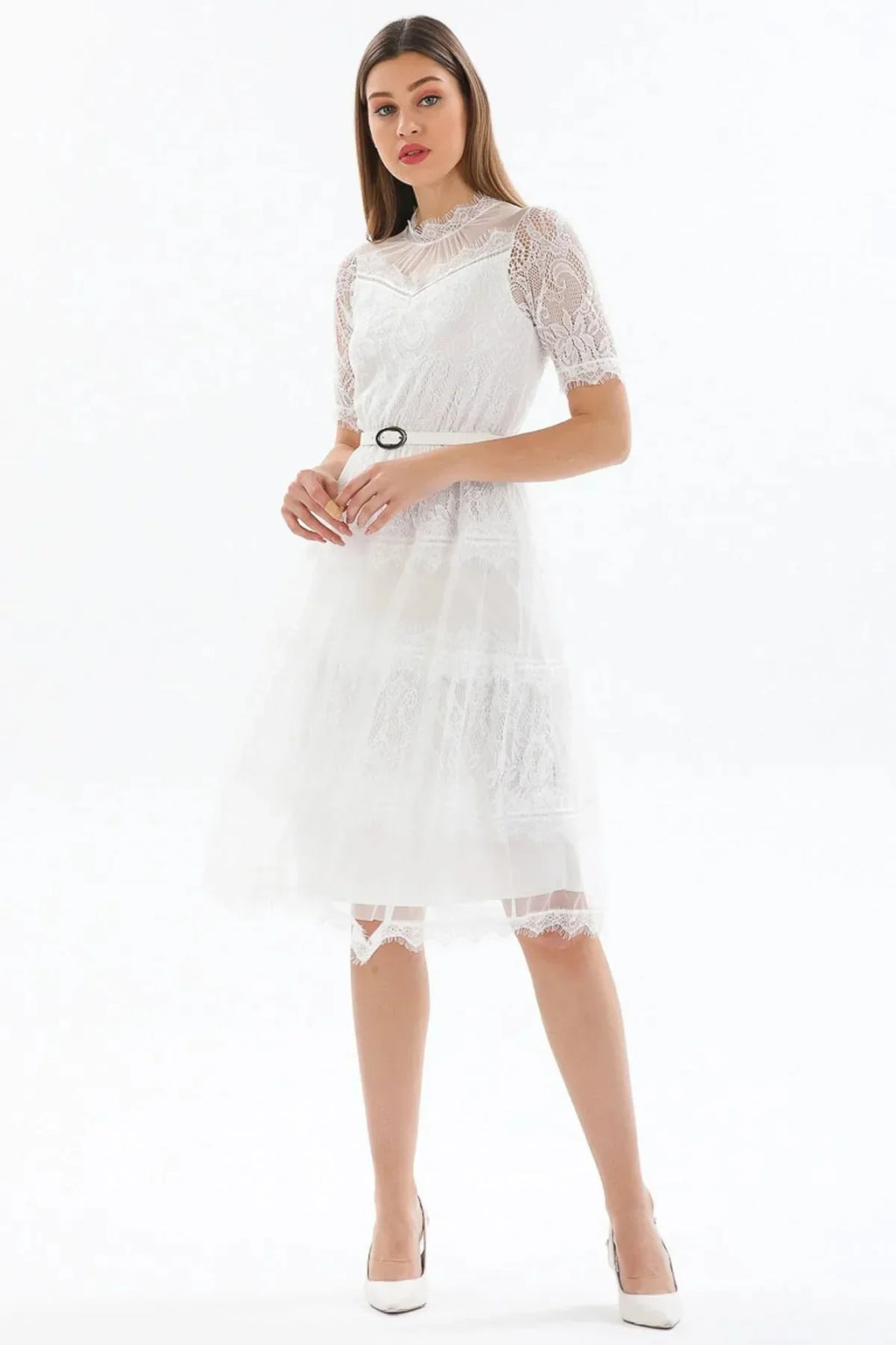 İç astarlı büyük beden beyaz kısa yarım kol söz abiye elbise 