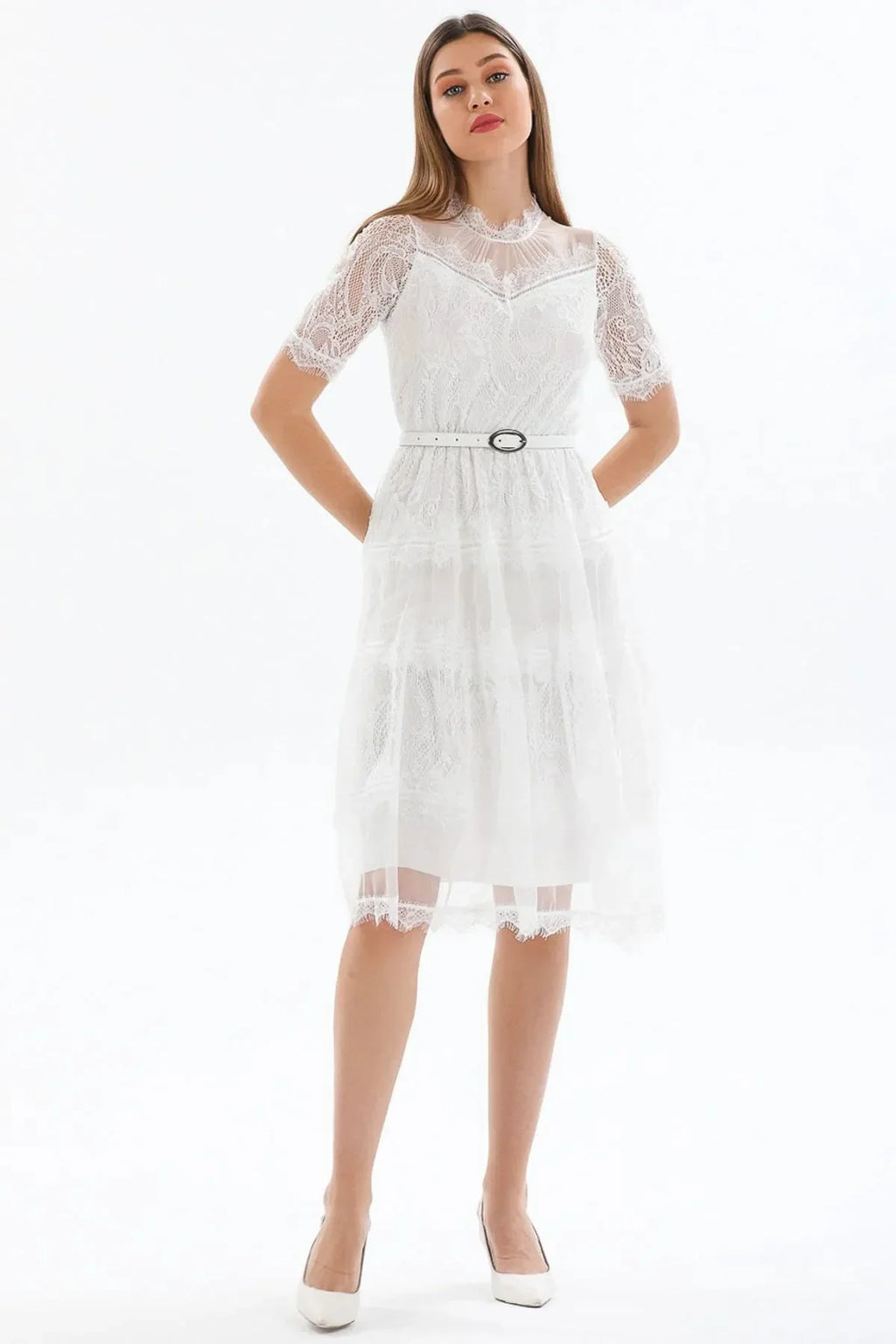 Beyaz Kısa Kol Güpürlü Büyük Beden  Abiye Elbise 