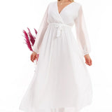 Beyaz Kruvaze Yaka Kuşaklı Büyük Beden Şifon Maxi Elbise