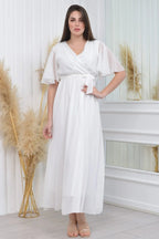 Beyaz kadın midi astarlı kuşak detay v yaka yarım kol elbise 