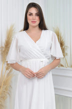 Yakın detay v yaka midi boy kuşaklı astarlı beyaz elbise 