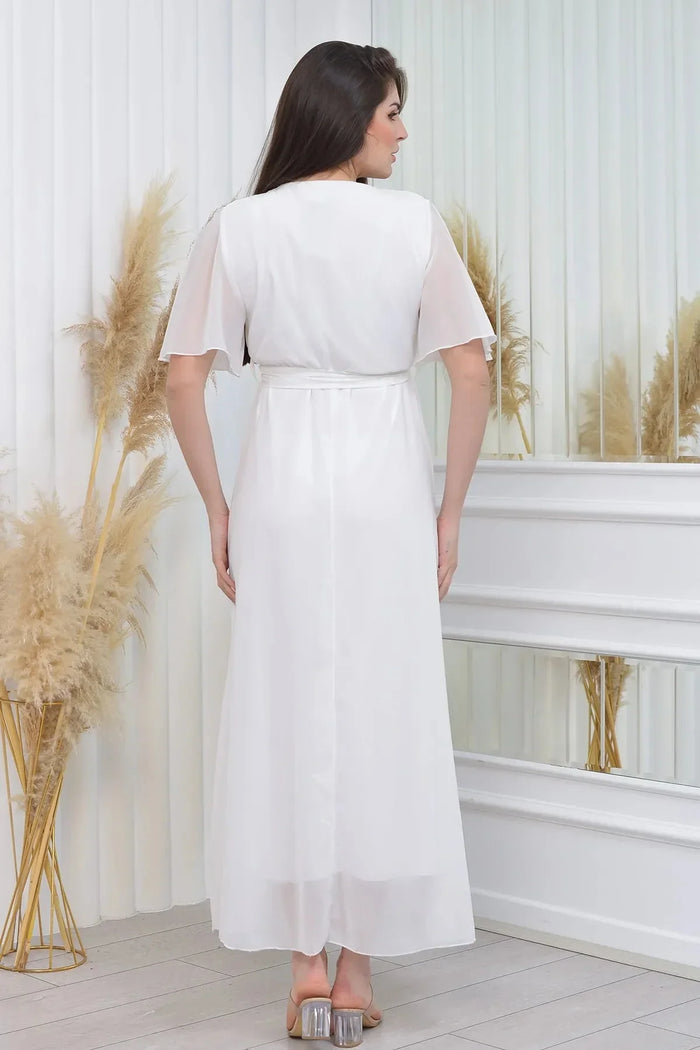 Beyaz Şifon Sıfır Kol Büyük Beden Elbise - Elbise Delisi