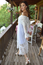 Beyaz Tül Carmen Yaka Madonna Güpür Elbise
