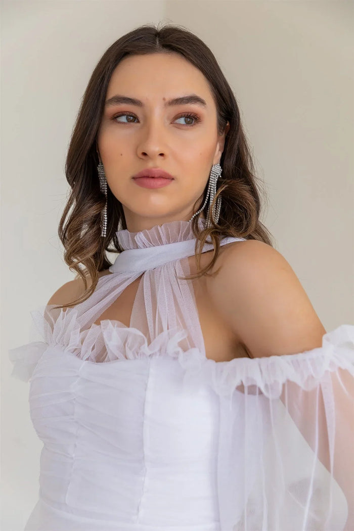 Beyaz Tül Drapeli Büyük Beden Abiye Elbise - Elbise Delisi