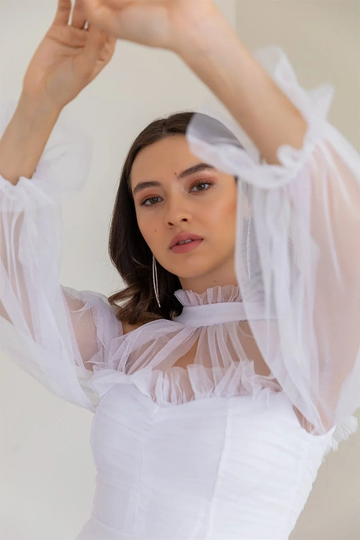 Beyaz Tül Drapeli Büyük Beden Abiye Elbise - Elbise Delisi