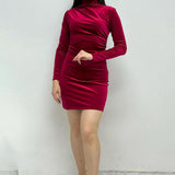 Bordo Balıkçı Yaka Uzun Kollu Kadife Elbise