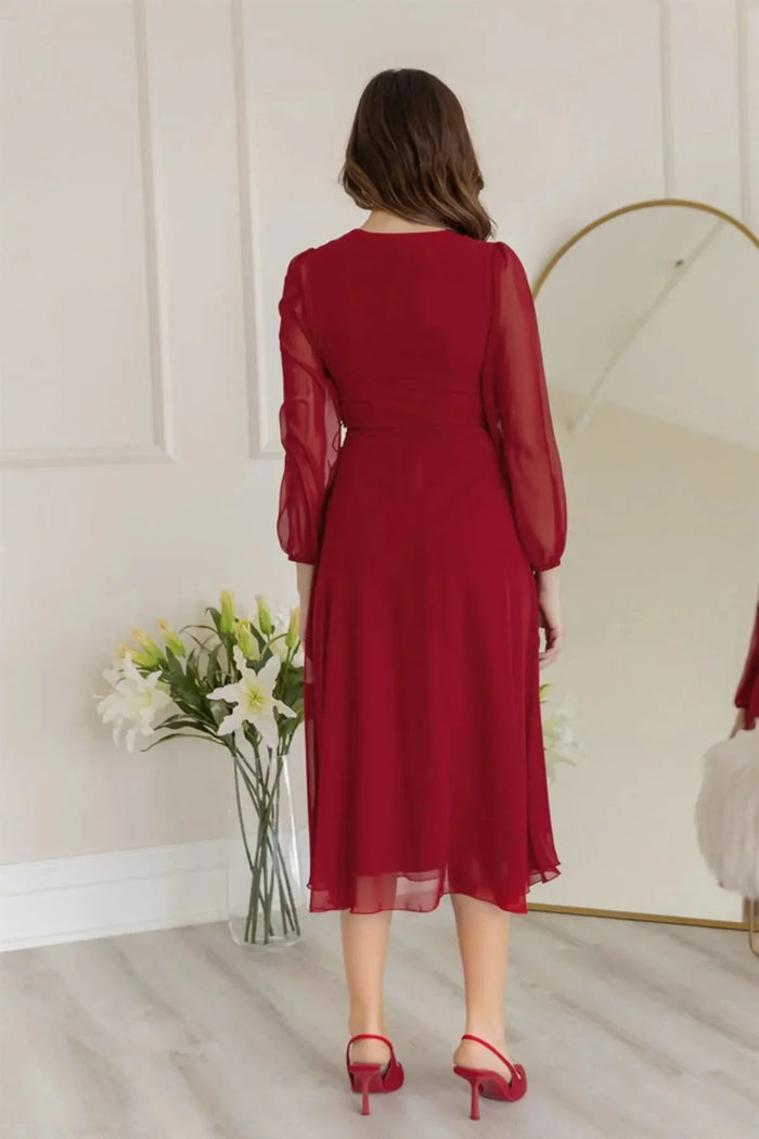 Bordo Balon Kol Kruvaze Midi Boy Şifon Elbise - Elbise Delisi