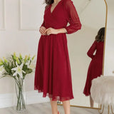 Bordo Balon Kol Kruvaze Midi Boy Şifon Elbise