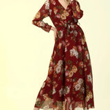 Bordo Çiçekli Kruvaze Yaka Şifon Büyük Beden Elbise
