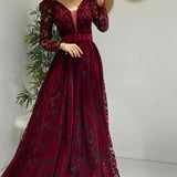 Bordo Flok Baskı Kemerli Büyük Beden Abiye Elbise