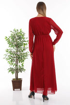 Bordo Kruvaze Yaka Kuşaklı Büyük Beden Şifon Maxi Elbise - Elbise Delisi