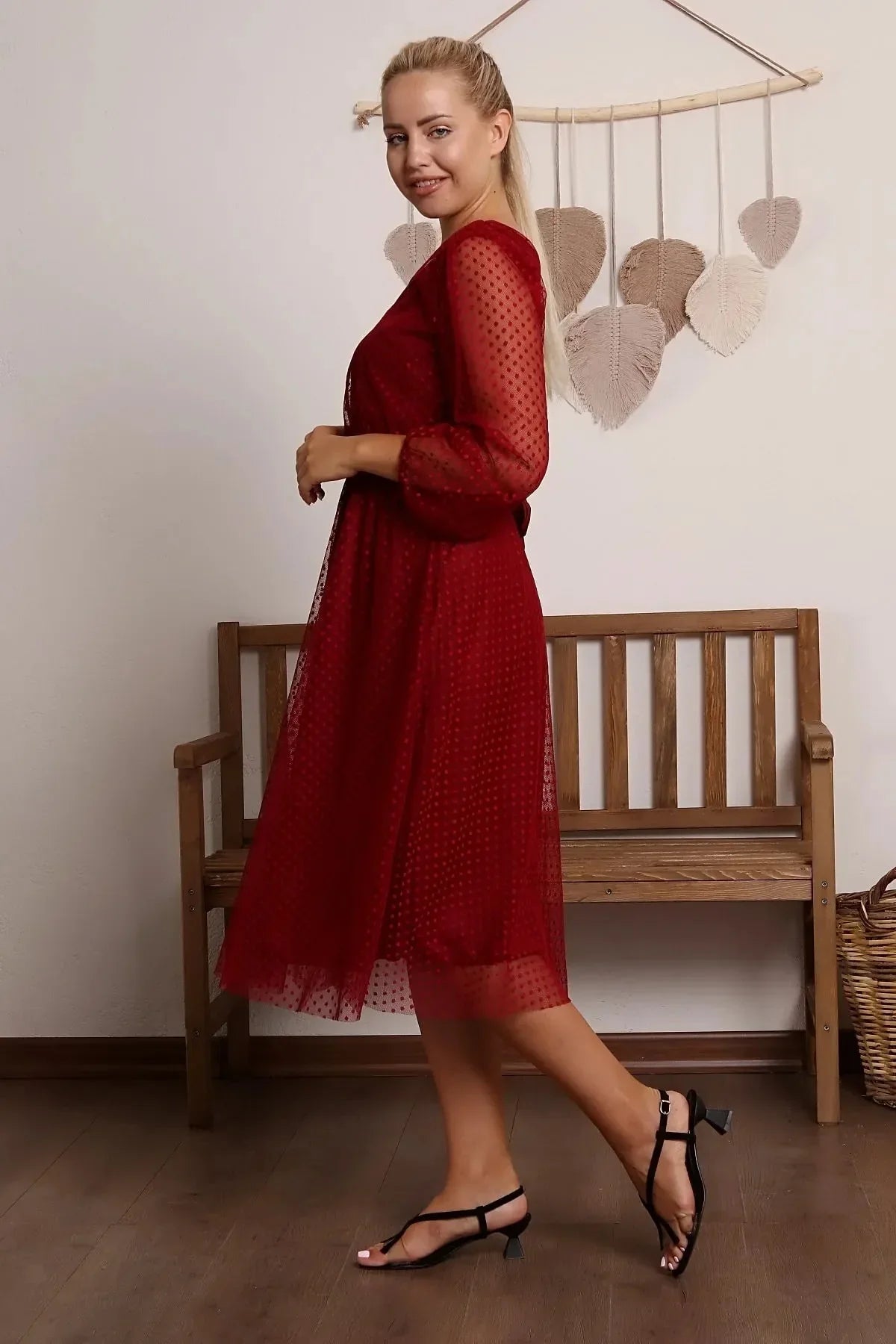 Bordo Puantiyeli Kuşaklı Tütü Büyük Beden Elbise - Elbise Delisi