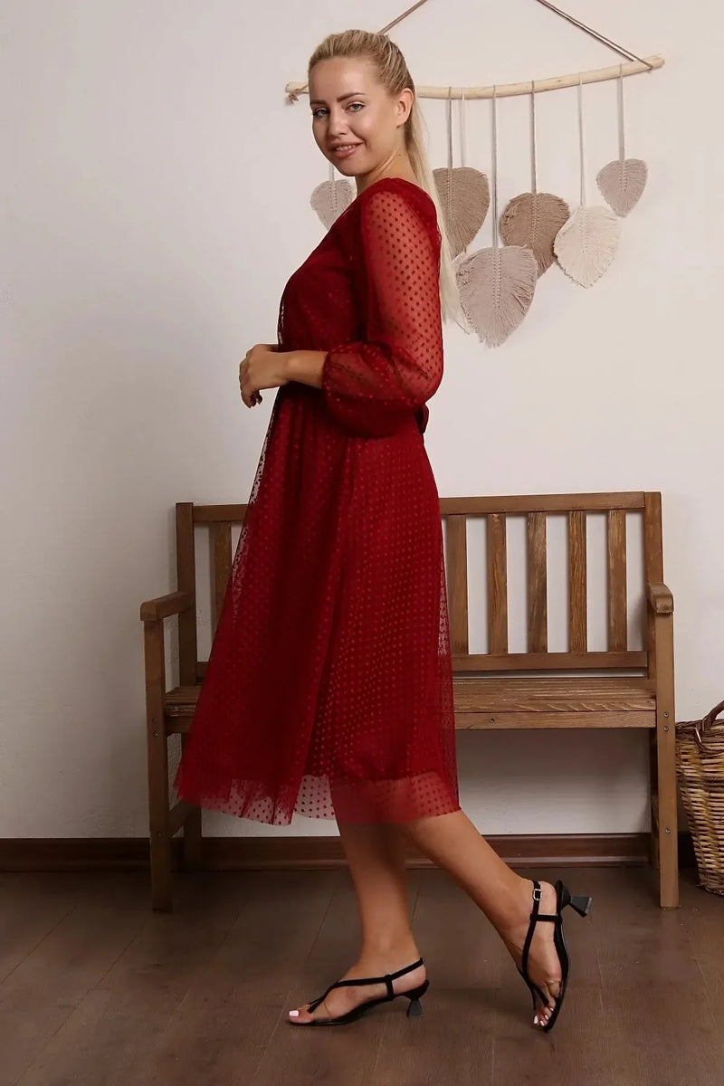 Bordo Puantiyeli Kuşaklı Tütü Büyük Beden Elbise - Elbise Delisi