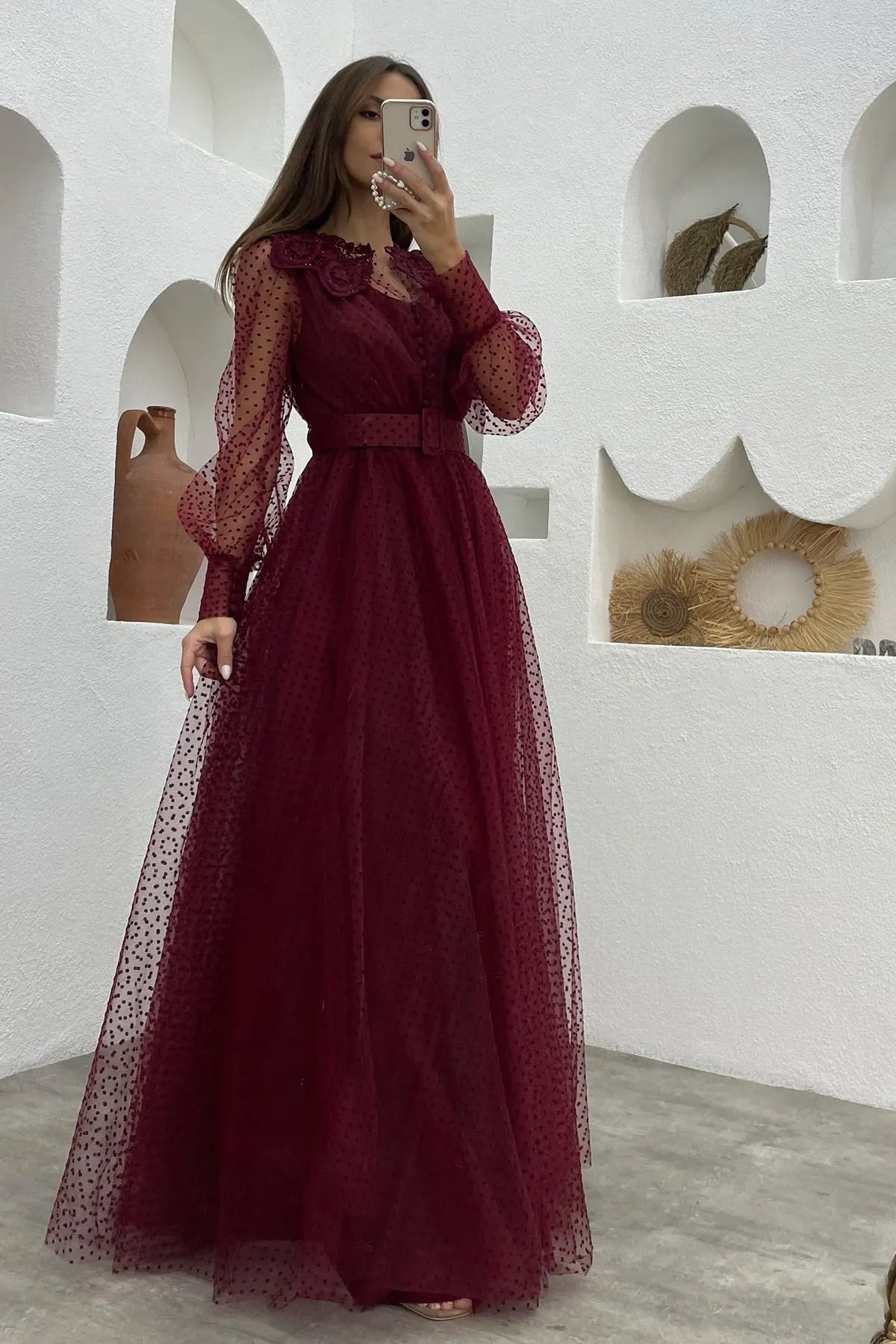Bordo Puantiyeli Tül Kemerli Yaka Detay Abiye Elbise