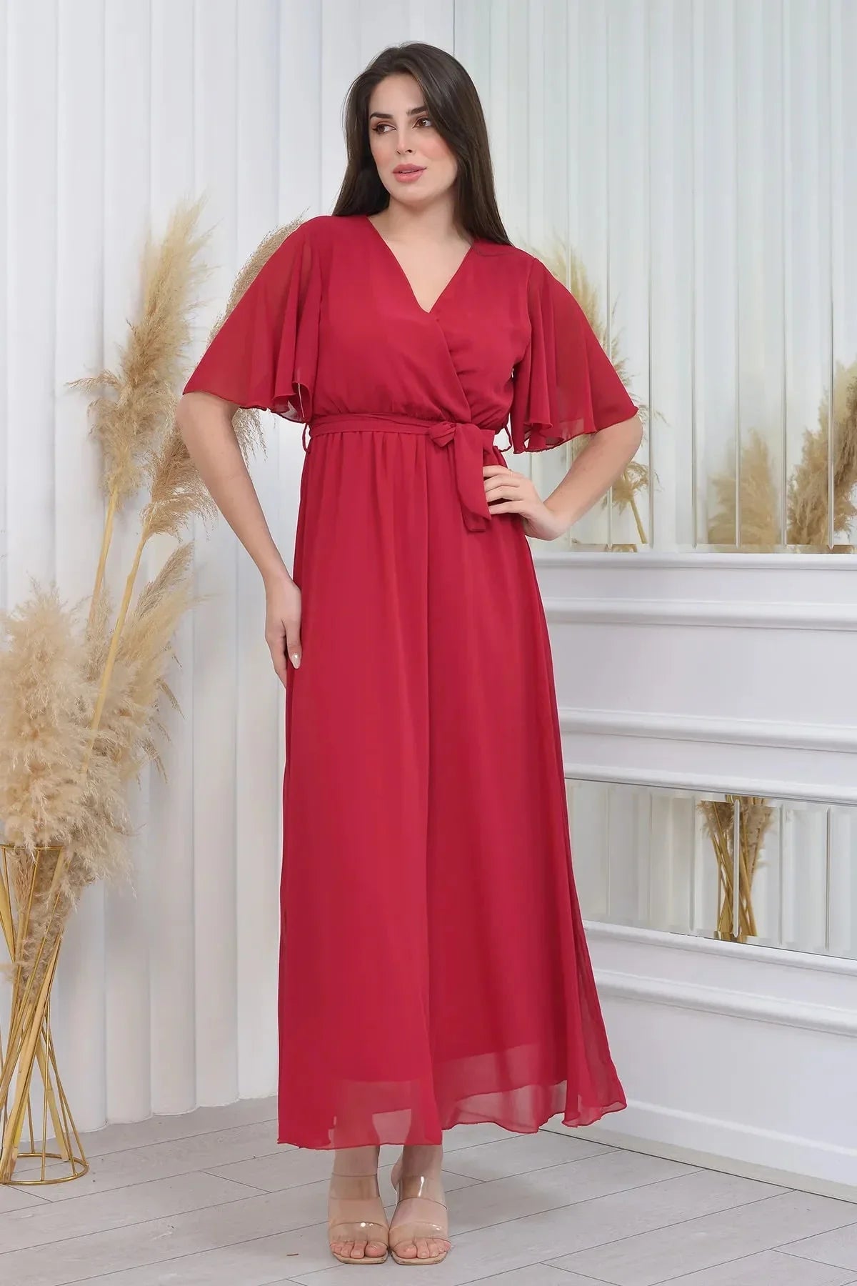 Bordo Şifon Sıfır Kol Büyük Beden Elbise - Elbise Delisi